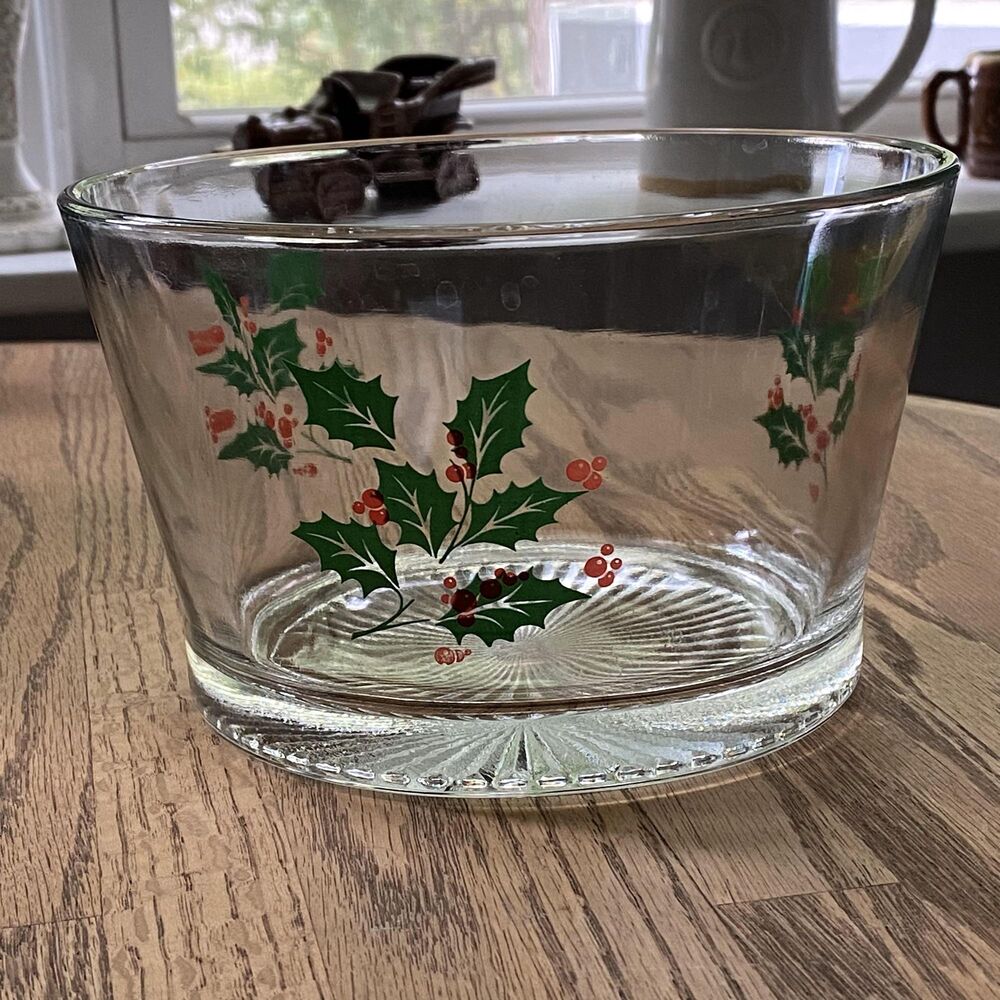 Vintage Indiana Glass Holly Berry Glass Holiday Serving Bowl, Christmas Dish